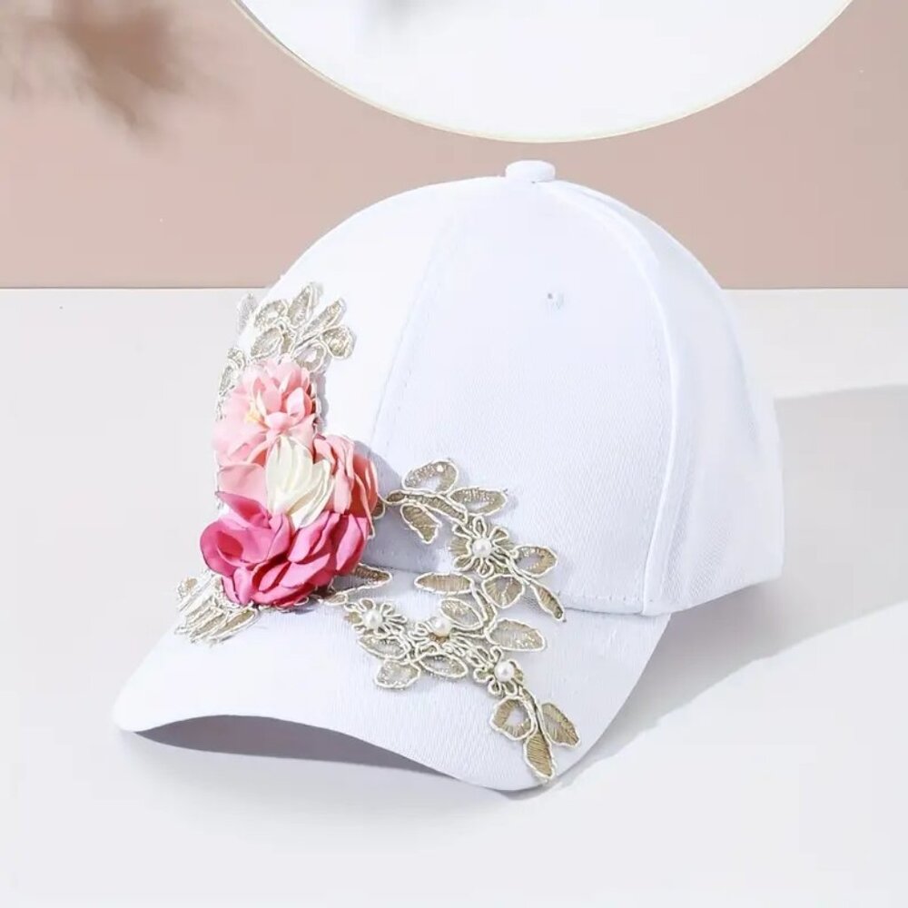 3d Flower Decor Embroidery Baseball Cap White Elegant Adjustable Sun Hat Trend